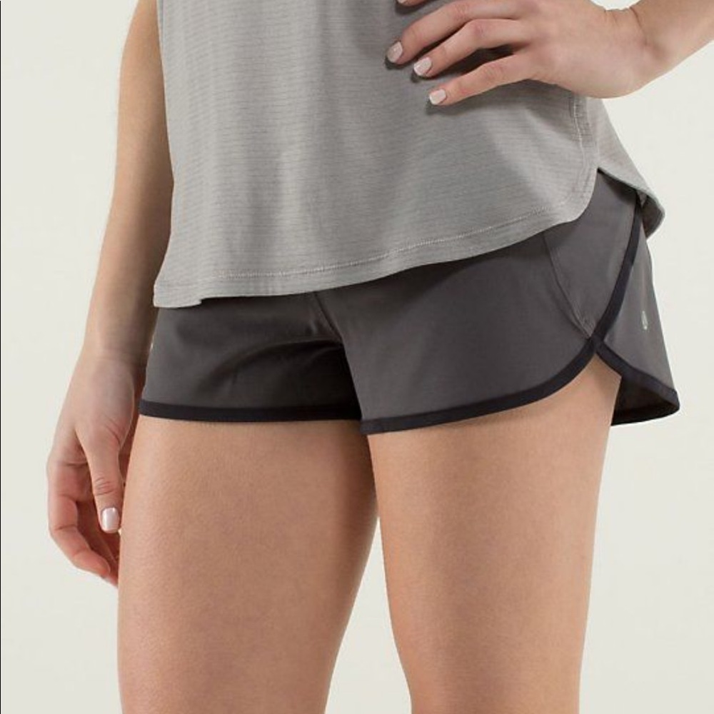 lululemon grey speed shorts with striped waistband, size 6